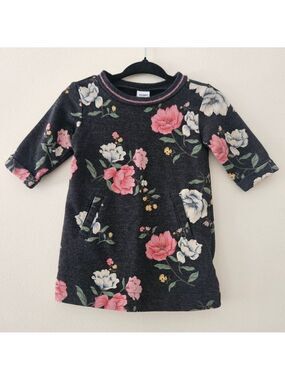 5/$25 Old Navy Baby Girl Floral Sweatshirt Dress Charcoal Pink 0-3M
